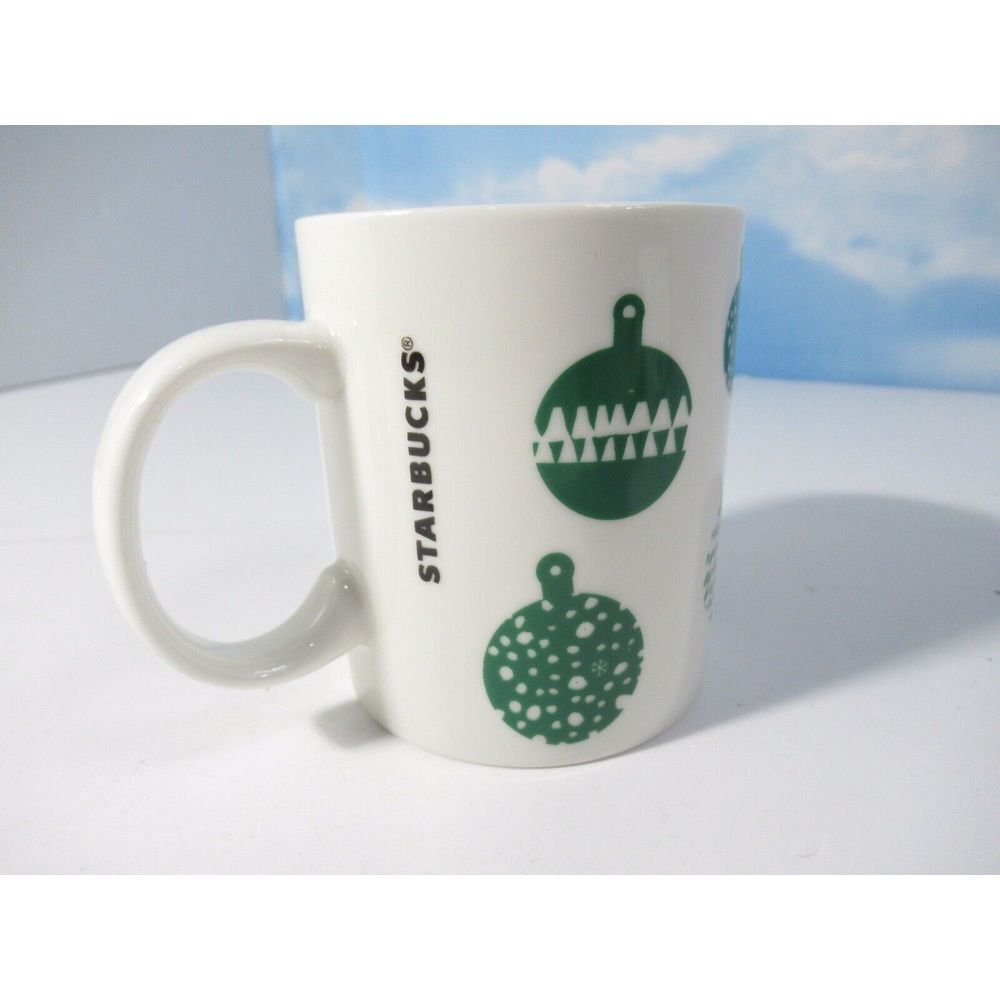 Starbucks 2016 Christmas Mug Cup 12 Oz White with Green Ornaments Coffee Tea